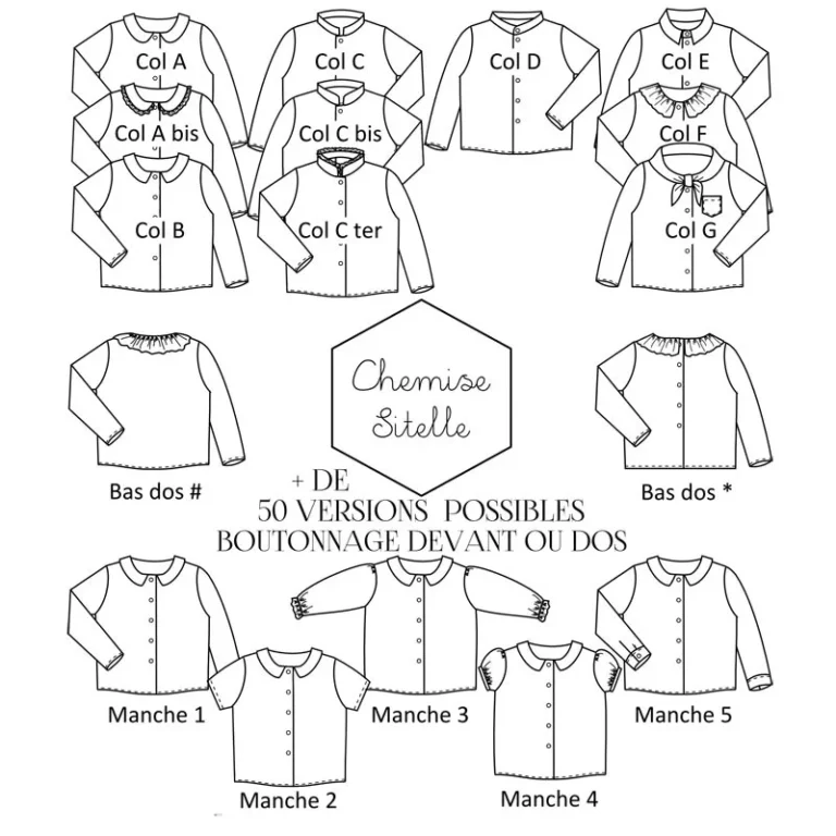 Patron de couture Chemise Sitelle A&A — dessin technique de la chemise enfant