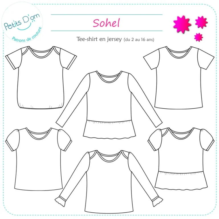 Patron de couture tee-shirt fille Sohel Petits D'om, schémas techniques du modèle